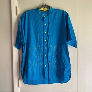 Men’s Blue Embroidered Linen Rayon Blend Button Up Shirt Size XL